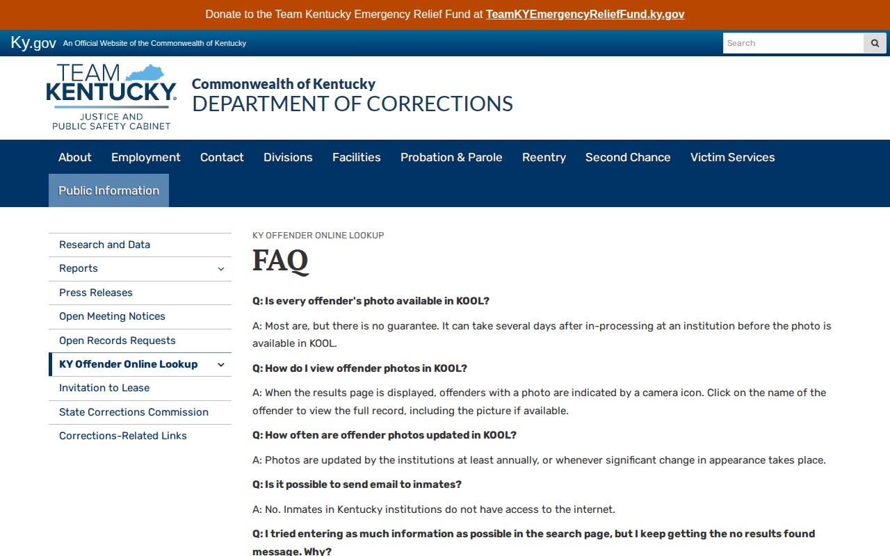 Kentucky DOC KOOL guidance for state offender records and photos