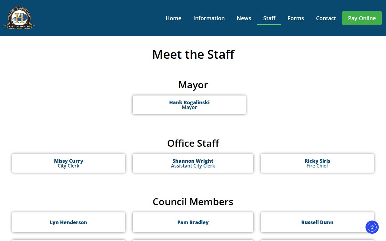Official City of Hardin clerk and staff directory